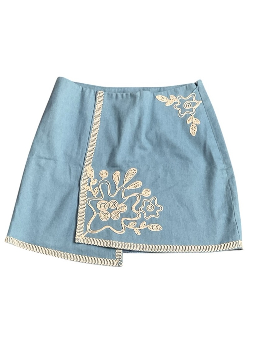 Moon River Light Blue Mini Skirt with White Embroidery